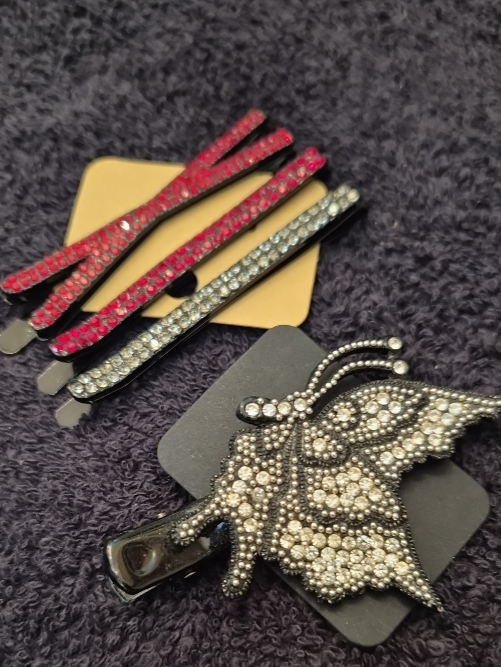 Crystal Butterfly & Rhinestone Bobby Pin Set - Black, Red, Silver